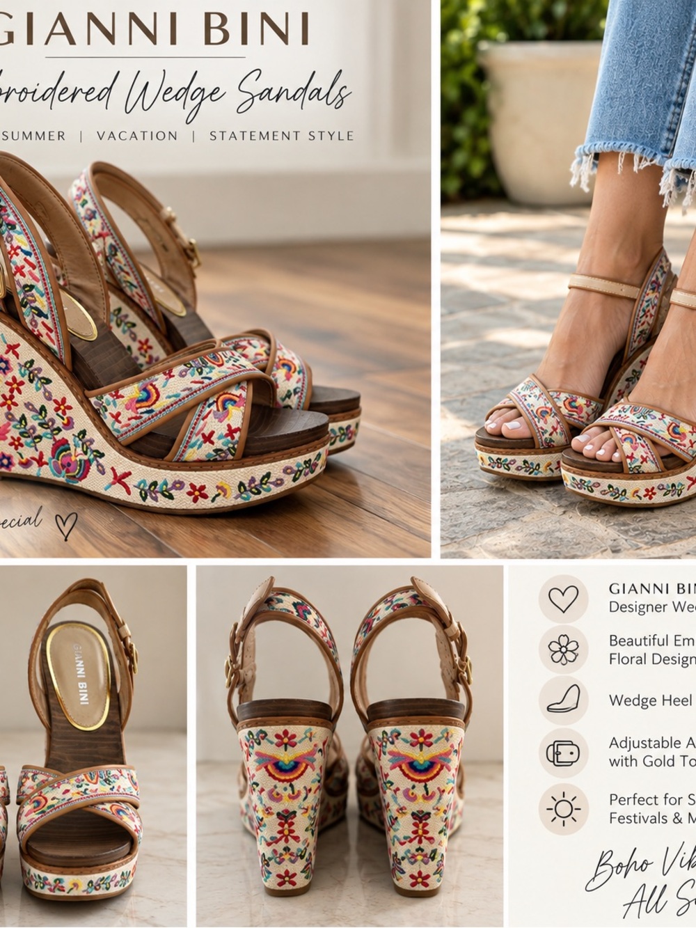 Gianni Bini Beige Embroidered Wedge Sandals